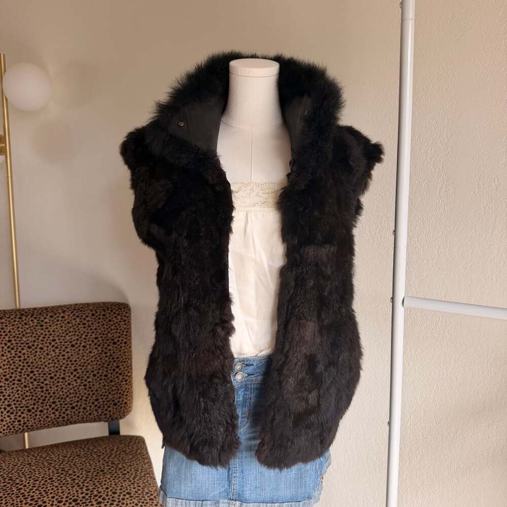 Andrew Marc Fur Zip Vest Black New Zealand Opossum Leather Collar M